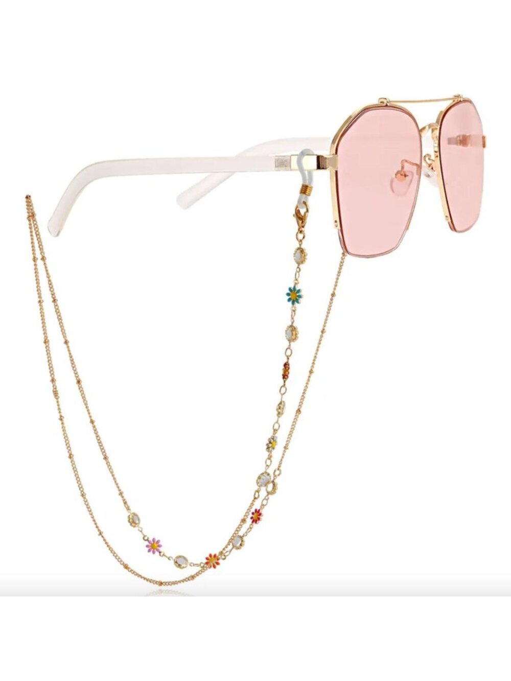 Gold Glasses Chain With Colorful Flower Charms & Beaded Details For Sunglasses O